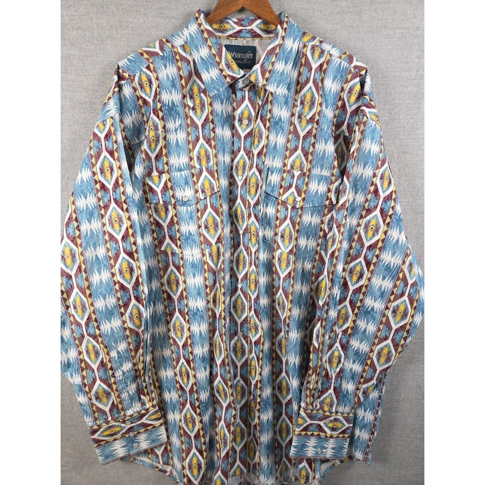 Wrangler Brushpopper 2XL‎ Western Pearl Snap Shirt Western Aztec Cowboy Vintage